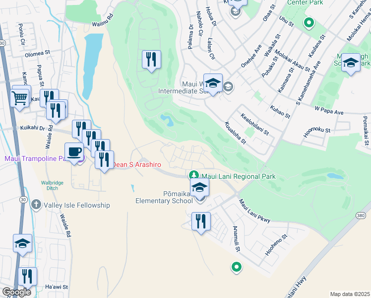 map of restaurants, bars, coffee shops, grocery stores, and more near 34 Alawa Place in Kahului