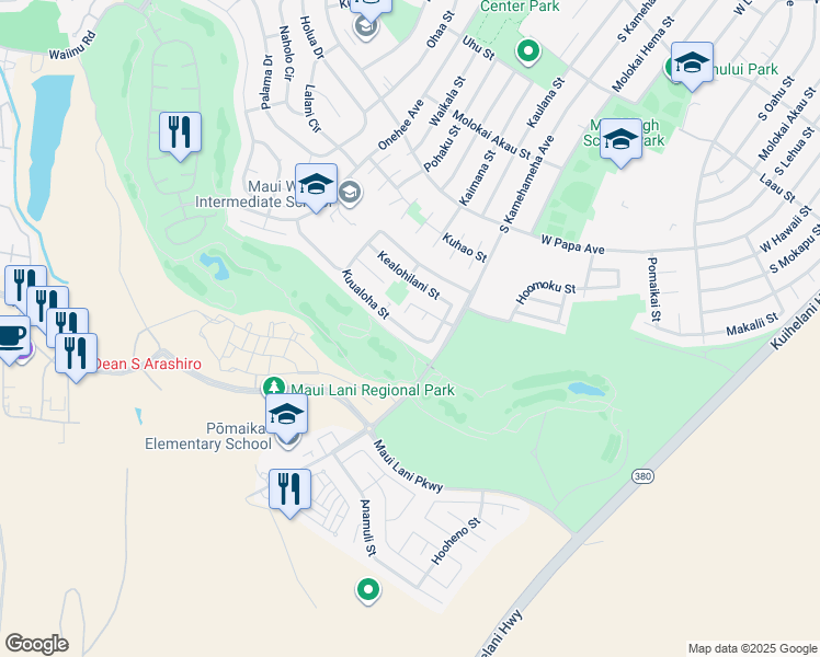map of restaurants, bars, coffee shops, grocery stores, and more near 66 Kuualoha Street in Kahului