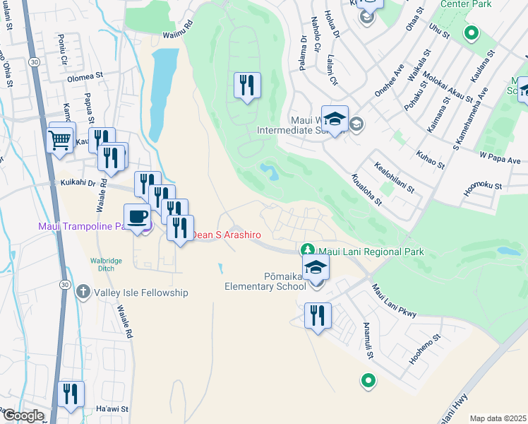 map of restaurants, bars, coffee shops, grocery stores, and more near 23 Halina Street in Kahului