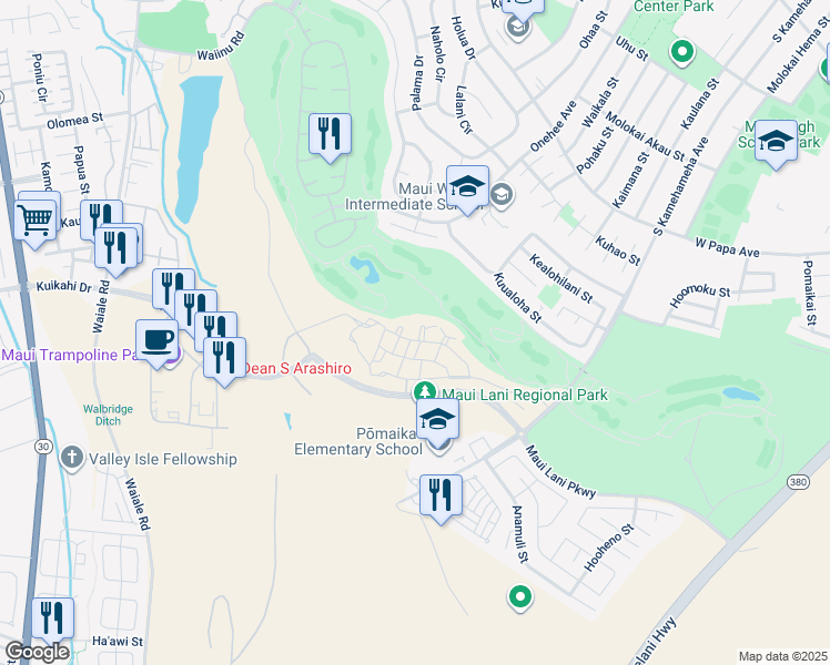 map of restaurants, bars, coffee shops, grocery stores, and more near 39 Lalaha Place in Kahului
