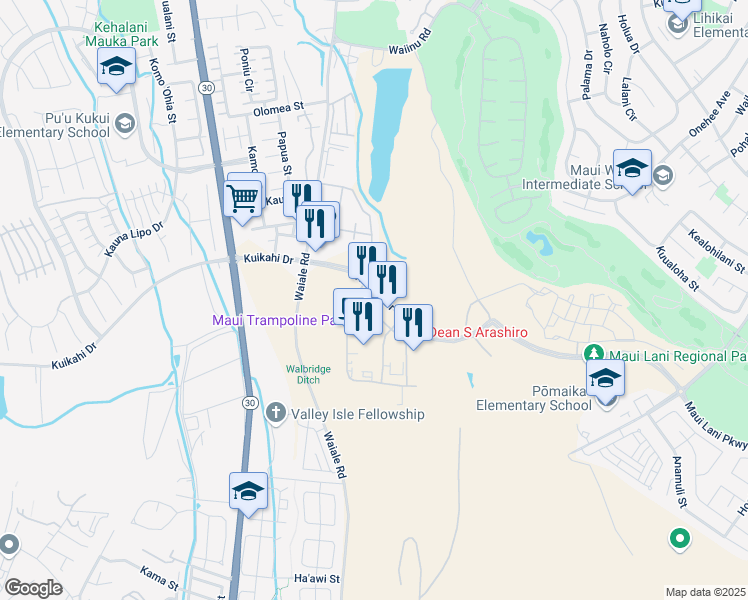map of restaurants, bars, coffee shops, grocery stores, and more near 117 Maa Street in Kahului