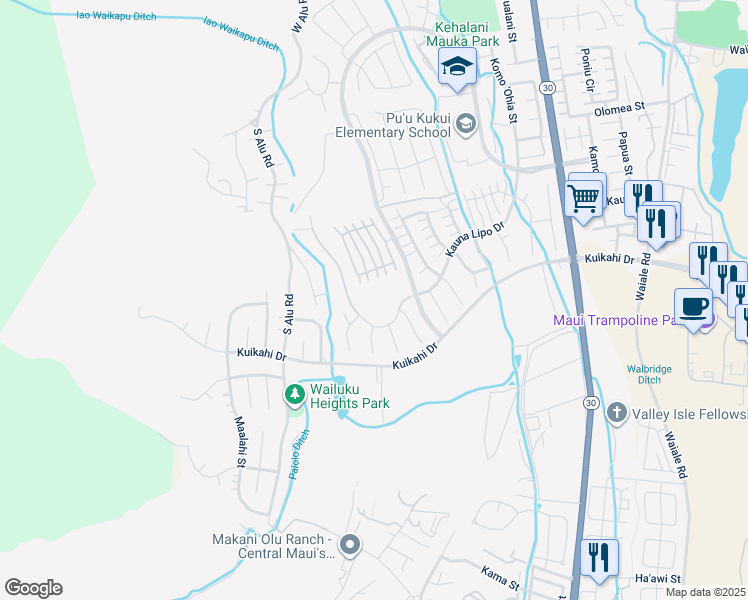 map of restaurants, bars, coffee shops, grocery stores, and more near 51 Papuhau Place in Wailuku