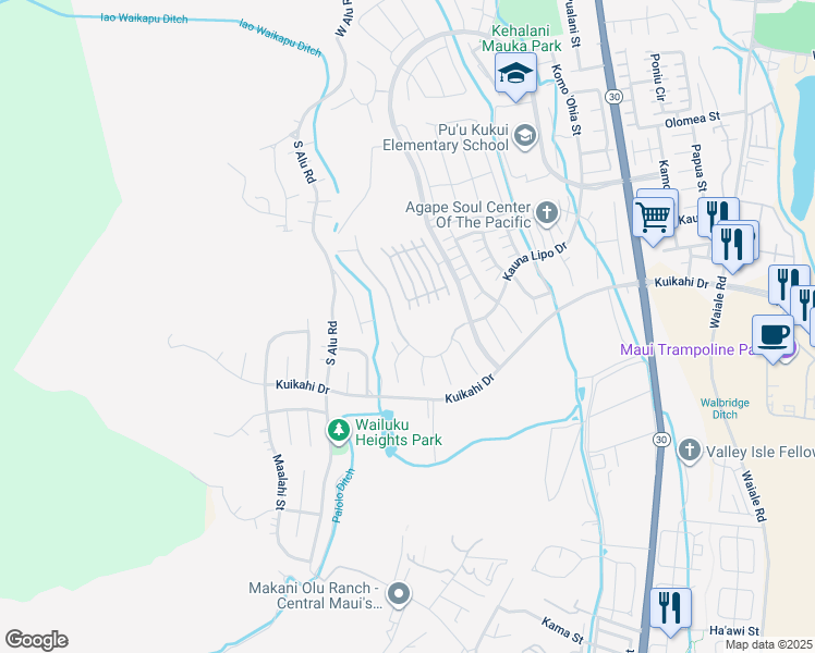 map of restaurants, bars, coffee shops, grocery stores, and more near 530 Kauna Lipo Drive in Wailuku