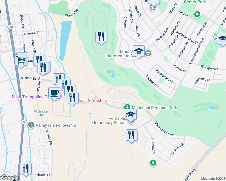 map of restaurants, bars, coffee shops, grocery stores, and more near 23 Halina Street in Kahului