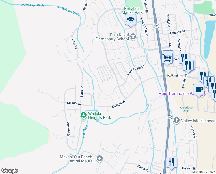 map of restaurants, bars, coffee shops, grocery stores, and more near 51 Papuhau Place in Wailuku