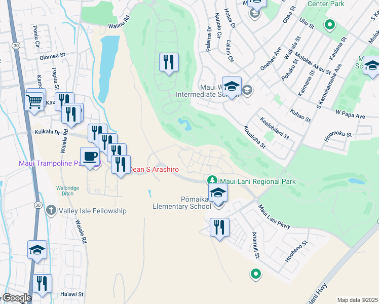 map of restaurants, bars, coffee shops, grocery stores, and more near 23 Halina Street in Kahului