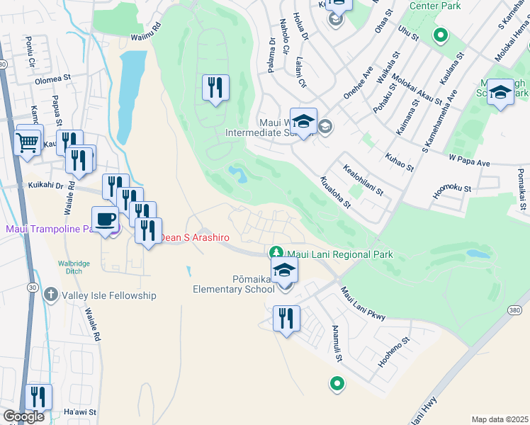 map of restaurants, bars, coffee shops, grocery stores, and more near 38 Alawa Place in Kahului