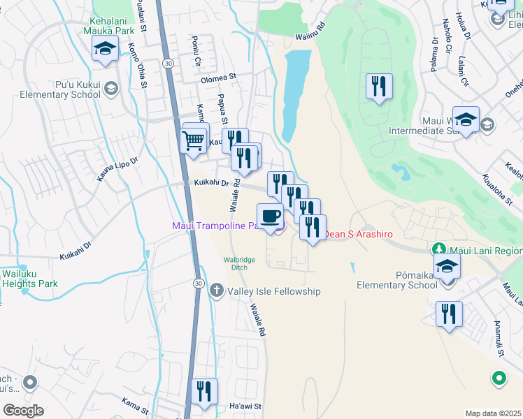 map of restaurants, bars, coffee shops, grocery stores, and more near 104 Maa Street in Kahului