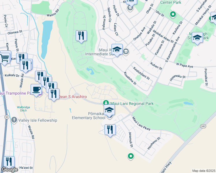map of restaurants, bars, coffee shops, grocery stores, and more near 44 Lalaha Place in Kahului