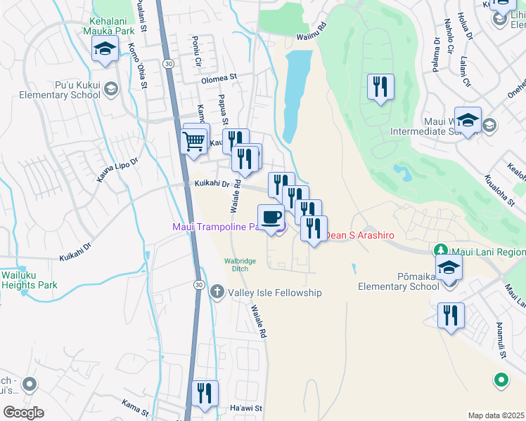 map of restaurants, bars, coffee shops, grocery stores, and more near 104 Maa Street in Kahului