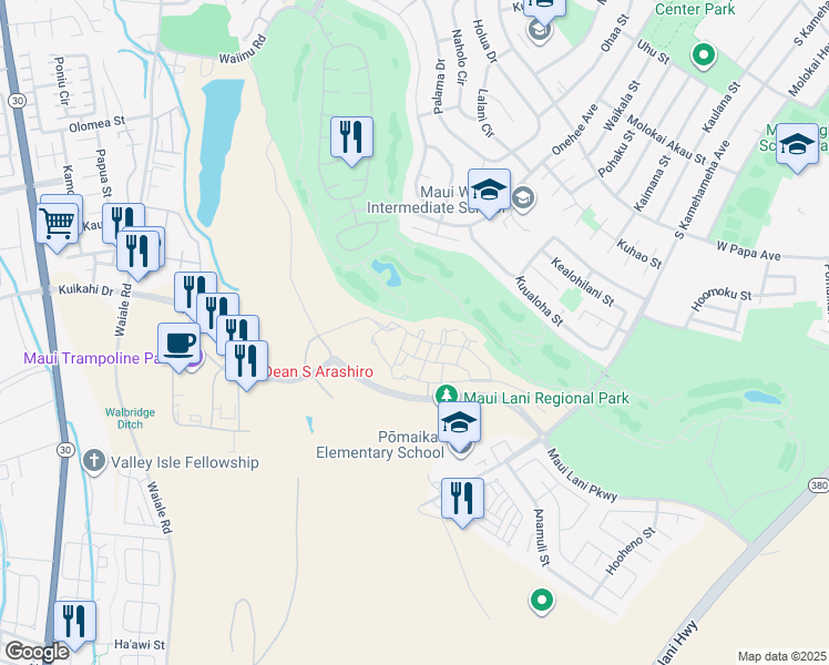 map of restaurants, bars, coffee shops, grocery stores, and more near 35 Alawa Place in Kahului