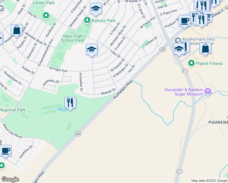 map of restaurants, bars, coffee shops, grocery stores, and more near 847 Makalii Street in Kahului
