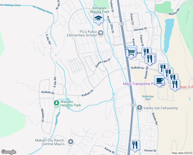 map of restaurants, bars, coffee shops, grocery stores, and more near 33 Maka Hou Place in Wailuku