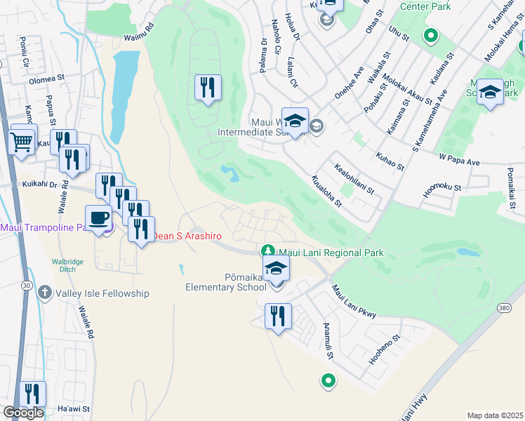 map of restaurants, bars, coffee shops, grocery stores, and more near 43 Lalaha Place in Kahului