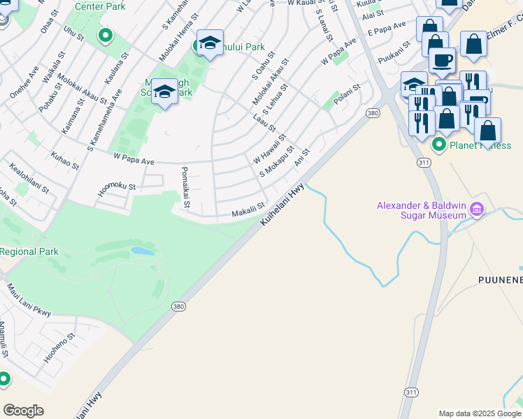 map of restaurants, bars, coffee shops, grocery stores, and more near 847 Makalii Street in Kahului