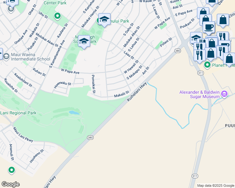map of restaurants, bars, coffee shops, grocery stores, and more near 890 Makalii Street in Kahului