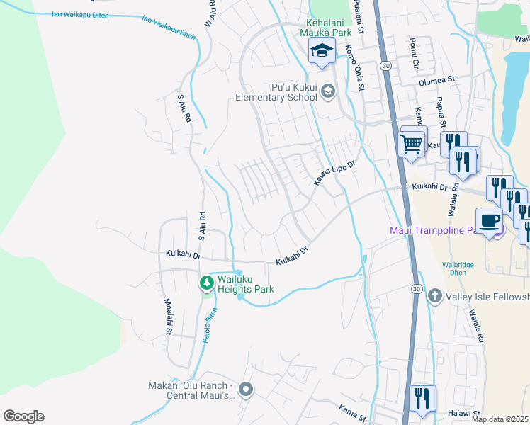 map of restaurants, bars, coffee shops, grocery stores, and more near 51 Papuhau Place in Wailuku
