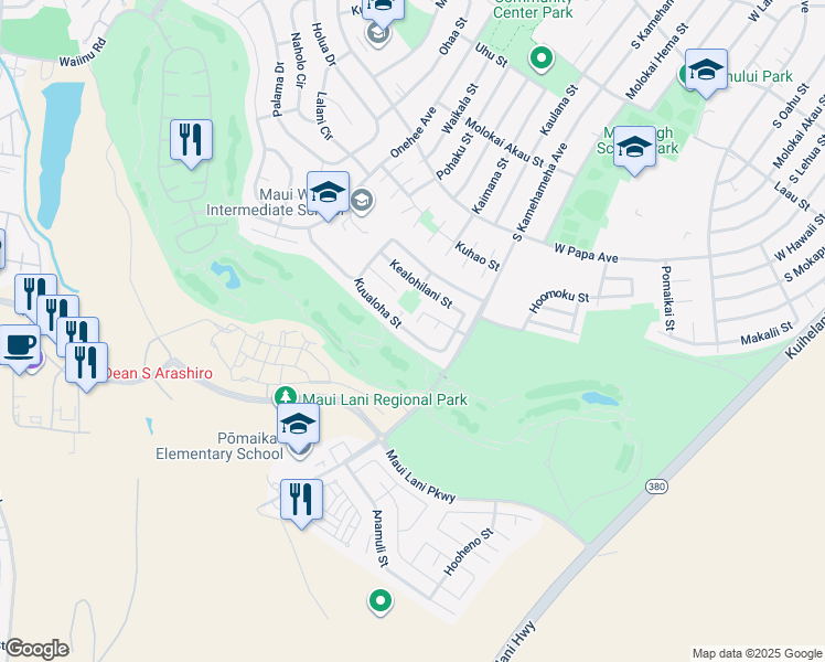map of restaurants, bars, coffee shops, grocery stores, and more near 82 Kuualoha Street in Kahului
