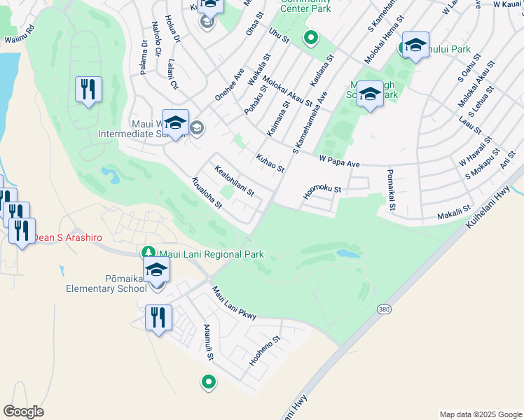 map of restaurants, bars, coffee shops, grocery stores, and more near 38 Kuuhoa Street in Kahului