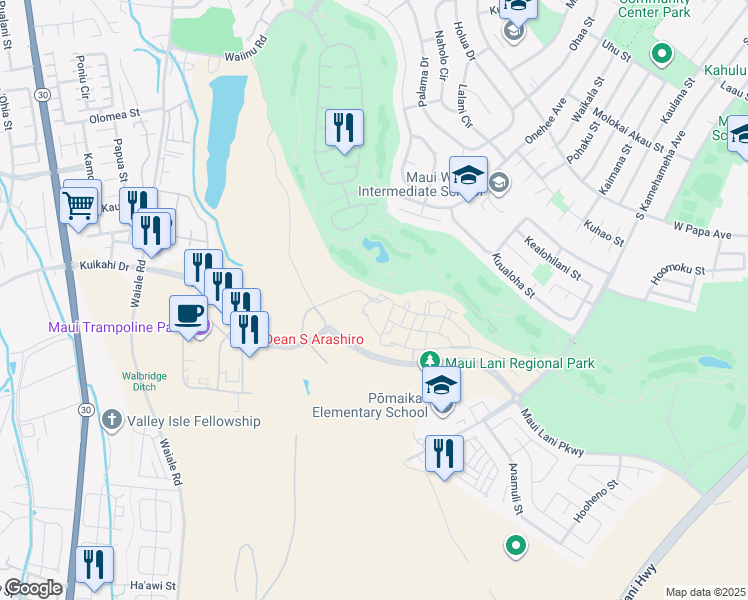 map of restaurants, bars, coffee shops, grocery stores, and more near 97 Unahe Place in Kahului