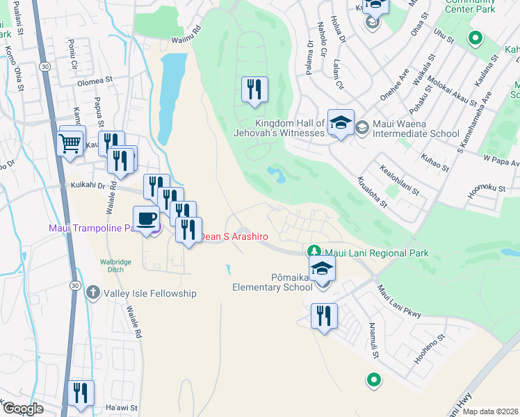 map of restaurants, bars, coffee shops, grocery stores, and more near 107 Unahe Place in Kahului