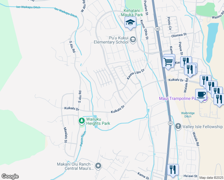 map of restaurants, bars, coffee shops, grocery stores, and more near 51 Papuhau Place in Wailuku