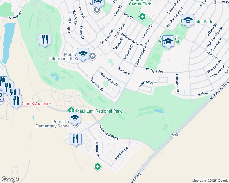 map of restaurants, bars, coffee shops, grocery stores, and more near 5 Kuuohana Way in Kahului
