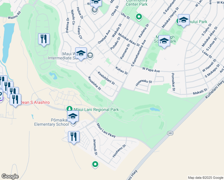 map of restaurants, bars, coffee shops, grocery stores, and more near 5 Kuuohana Way in Kahului