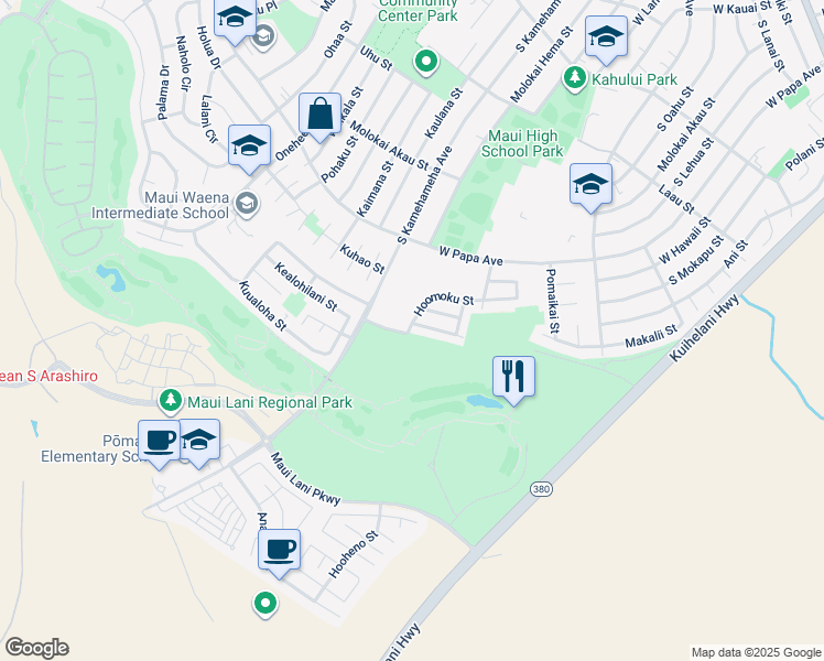 map of restaurants, bars, coffee shops, grocery stores, and more near 239 Hoomoku Street in Kahului