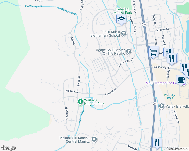 map of restaurants, bars, coffee shops, grocery stores, and more near 0 Kauna Lipo Drive in Wailuku