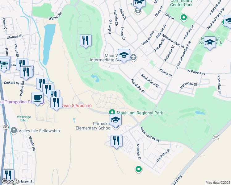 map of restaurants, bars, coffee shops, grocery stores, and more near 48 Lalaha Place in Kahului