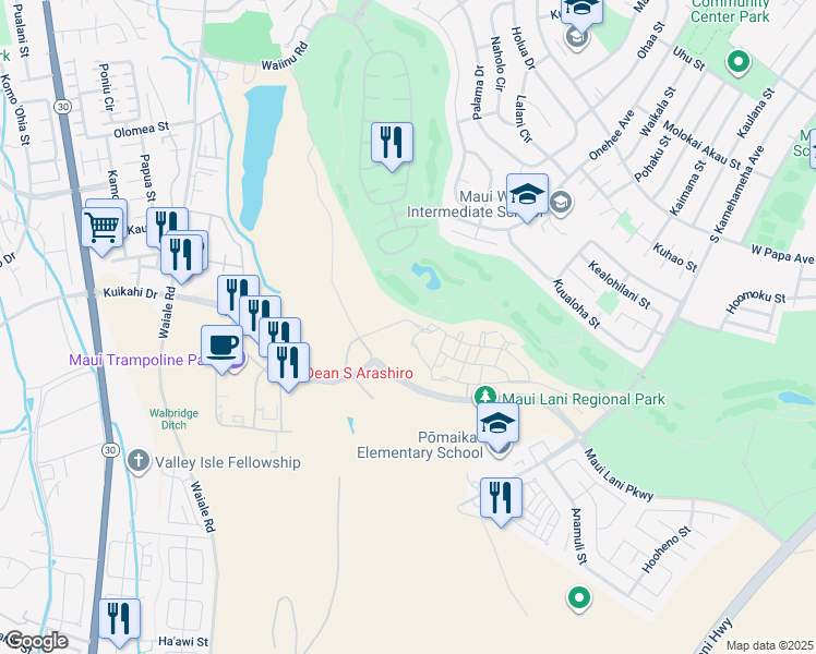 map of restaurants, bars, coffee shops, grocery stores, and more near 23 Halina Street in Kahului