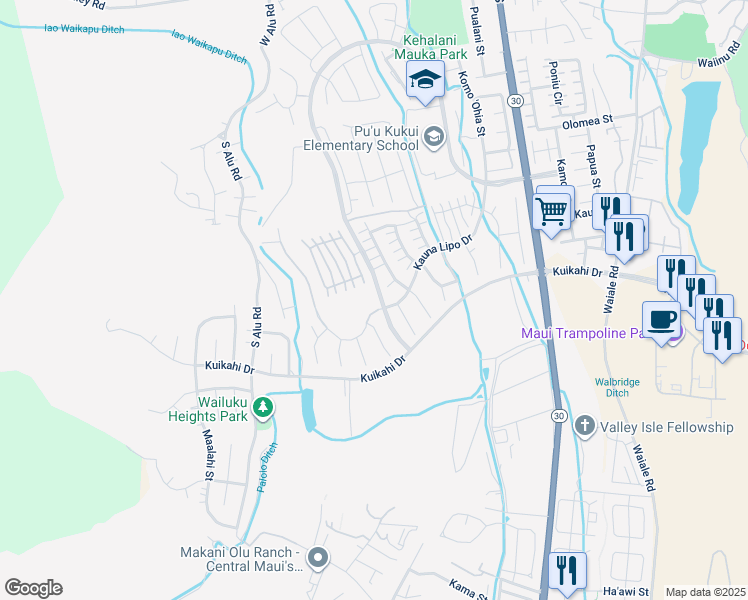 map of restaurants, bars, coffee shops, grocery stores, and more near 108 Hopoi Place in Wailuku