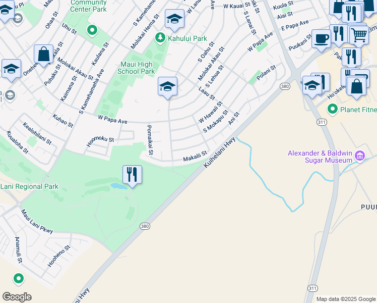 map of restaurants, bars, coffee shops, grocery stores, and more near 893 Makalii Street in Kahului