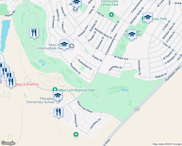 map of restaurants, bars, coffee shops, grocery stores, and more near 38 Kuuhoa Street in Kahului
