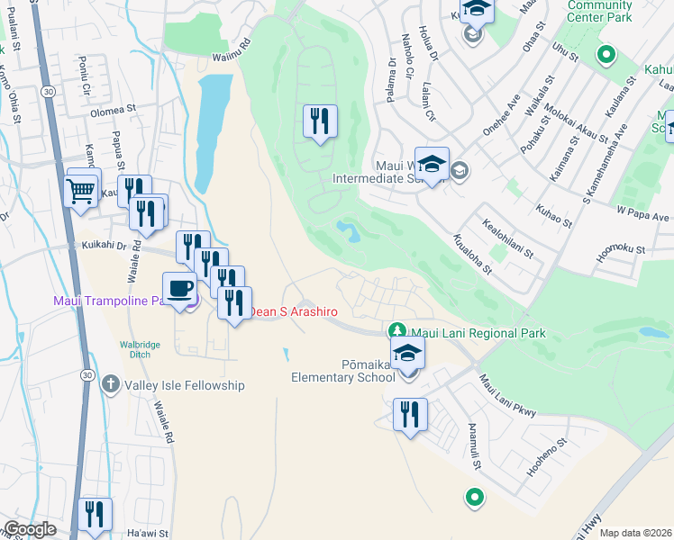 map of restaurants, bars, coffee shops, grocery stores, and more near 97 Unahe Place in Kahului