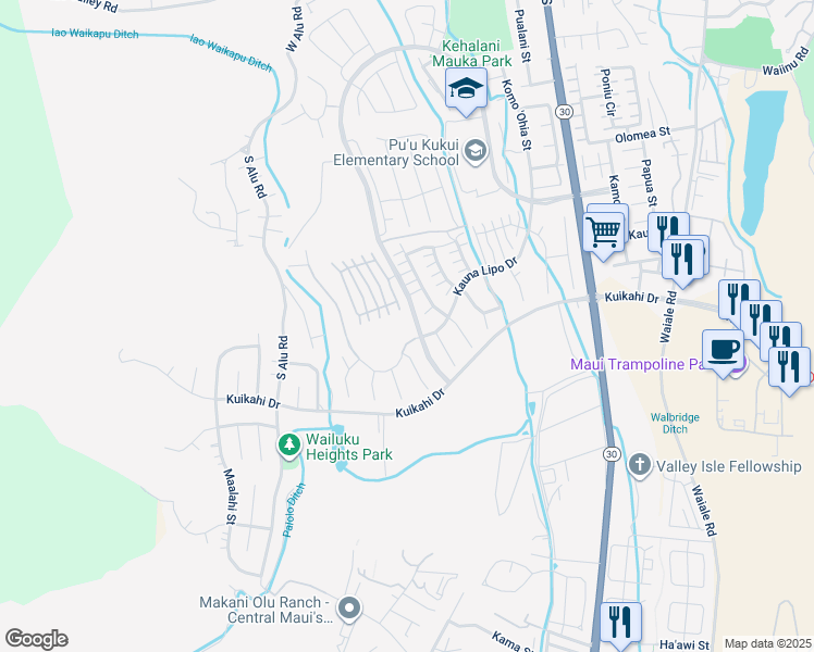 map of restaurants, bars, coffee shops, grocery stores, and more near 52 Papuhau Place in Wailuku