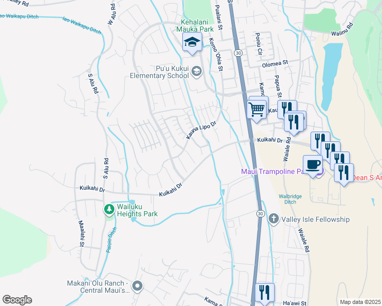map of restaurants, bars, coffee shops, grocery stores, and more near 46 Maka Hou Place in Wailuku