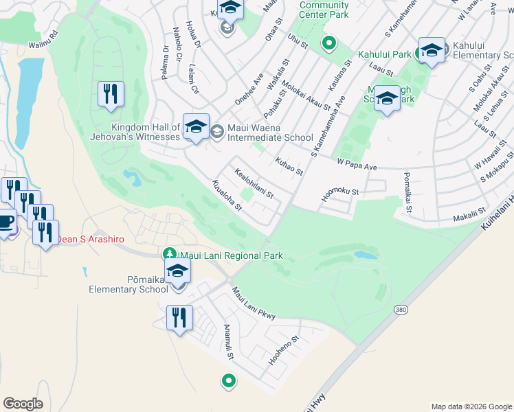 map of restaurants, bars, coffee shops, grocery stores, and more near 55 Kuuhale Place in Kahului