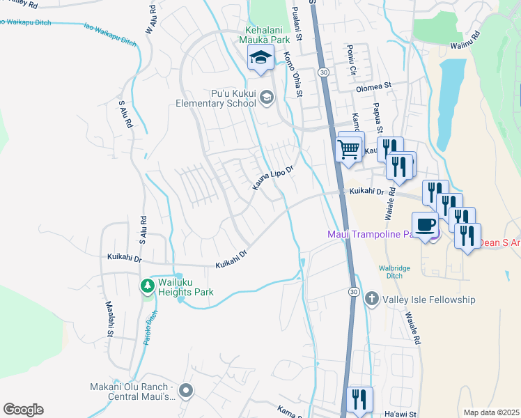 map of restaurants, bars, coffee shops, grocery stores, and more near 46 Maka Hou Place in Wailuku
