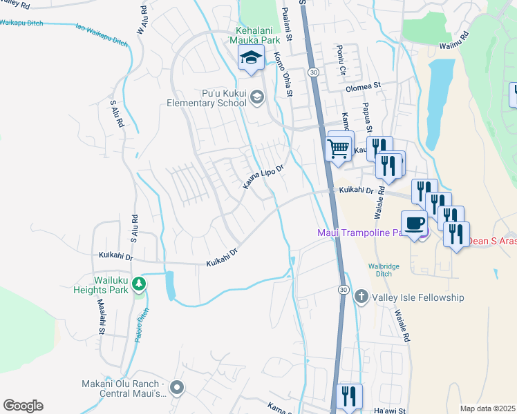 map of restaurants, bars, coffee shops, grocery stores, and more near 33 'Iliki Place in Wailuku