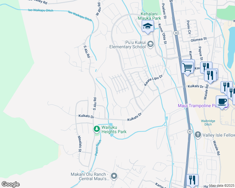 map of restaurants, bars, coffee shops, grocery stores, and more near 15 Awela Circle in Wailuku