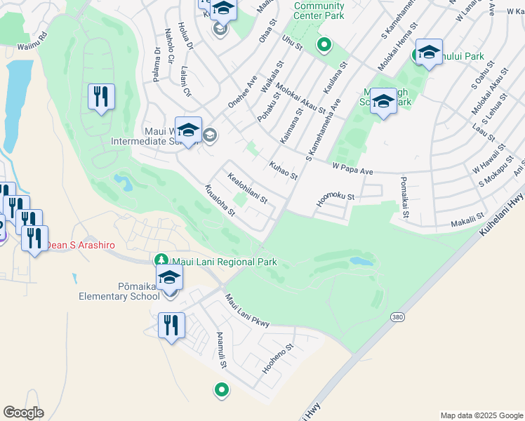 map of restaurants, bars, coffee shops, grocery stores, and more near 38 Kuuhoa Street in Kahului