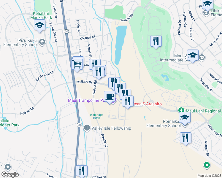 map of restaurants, bars, coffee shops, grocery stores, and more near 10 Laa Street in Kahului