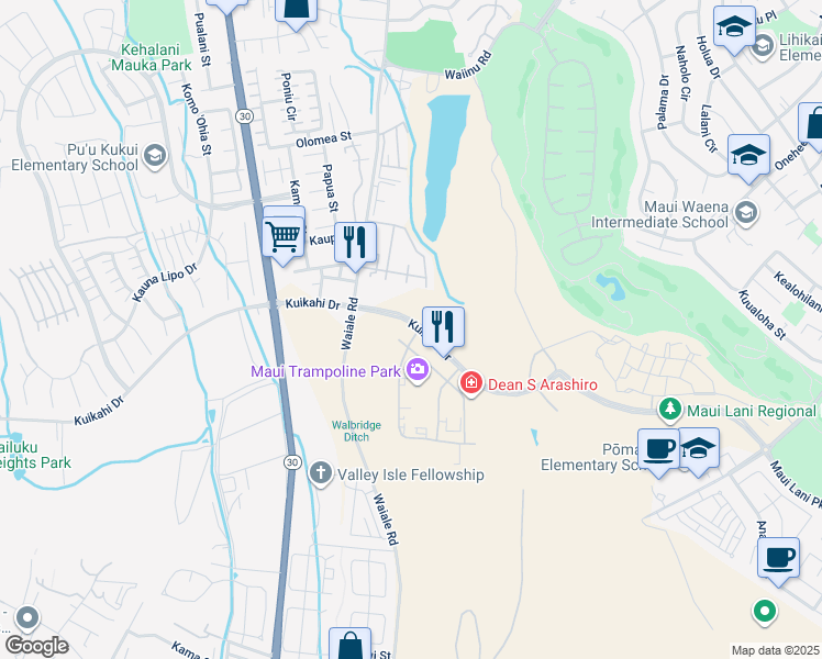 map of restaurants, bars, coffee shops, grocery stores, and more near 10 Laa Street in Kahului