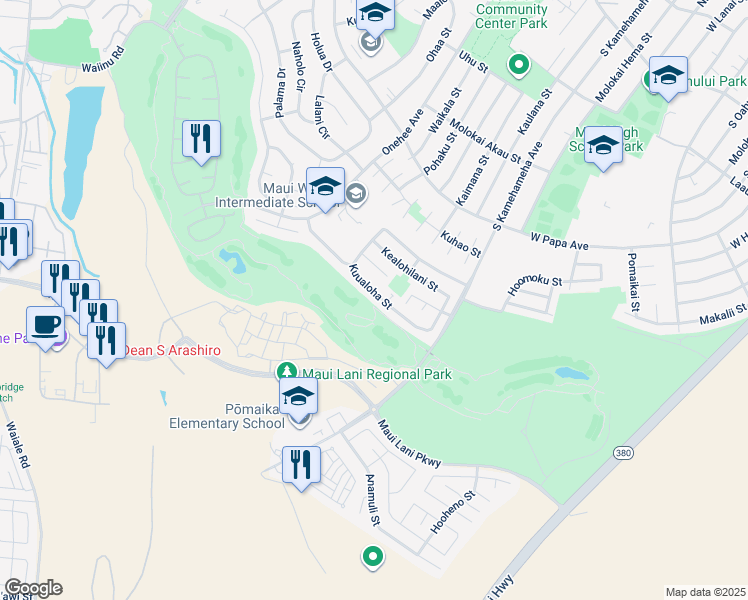 map of restaurants, bars, coffee shops, grocery stores, and more near 125 Kuualoha Street in Kahului