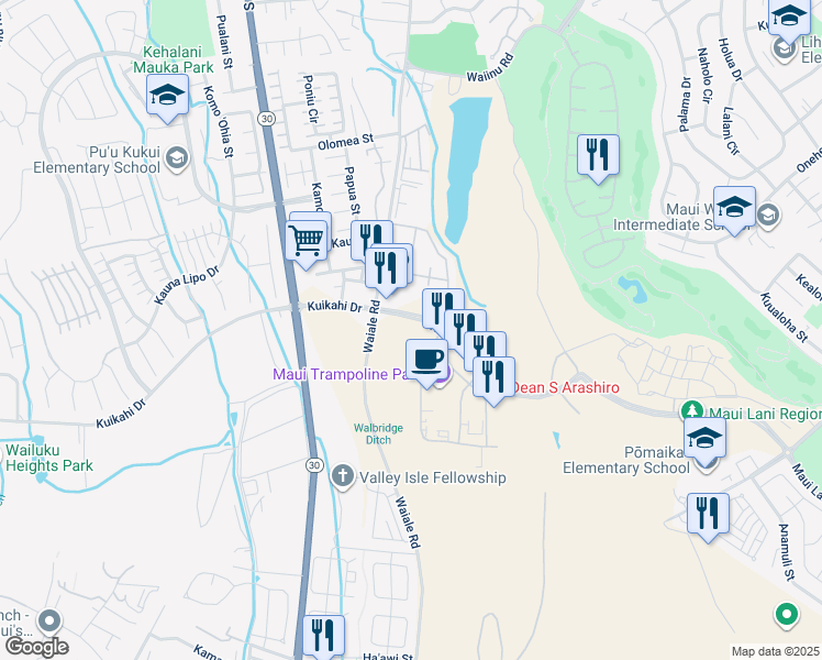 map of restaurants, bars, coffee shops, grocery stores, and more near 101 Maa Street in Kahului