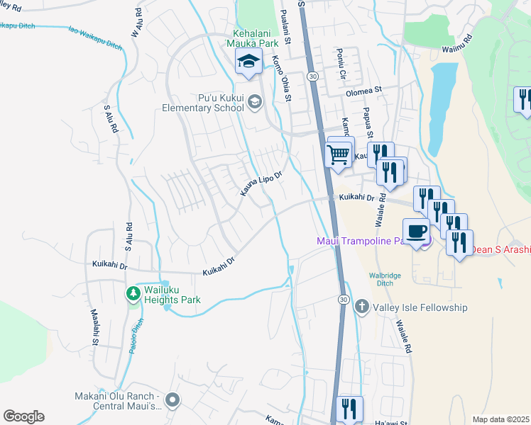 map of restaurants, bars, coffee shops, grocery stores, and more near 24 'Iliki Place in Wailuku