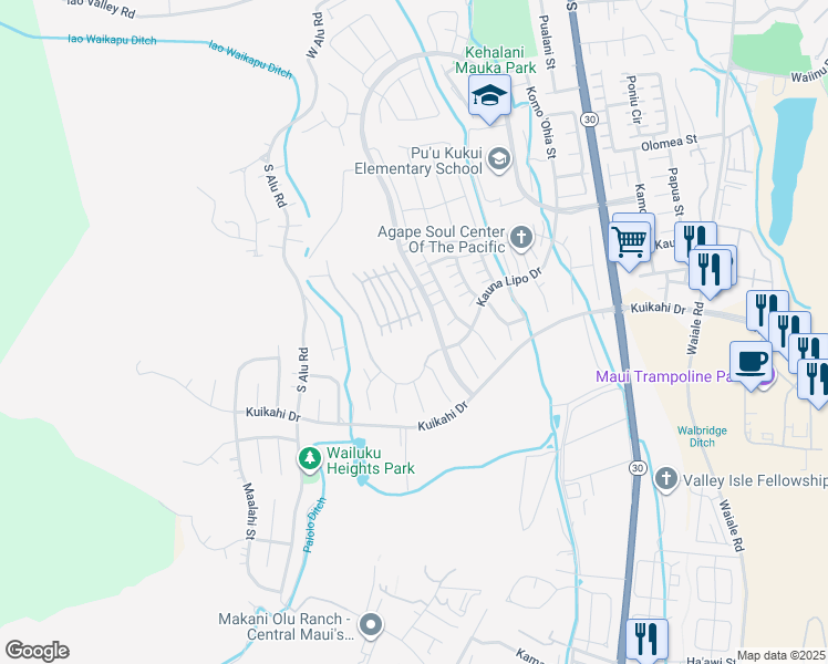 map of restaurants, bars, coffee shops, grocery stores, and more near 51 Pohina Street in Wailuku