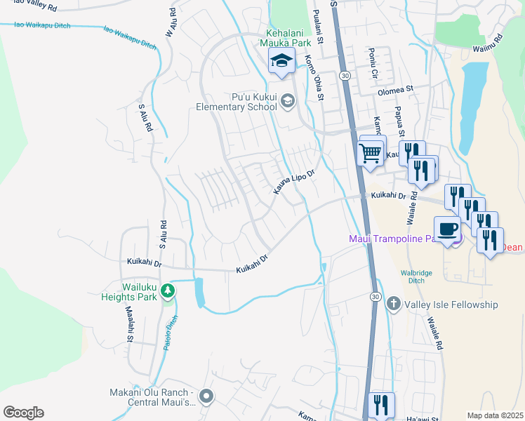 map of restaurants, bars, coffee shops, grocery stores, and more near 416 Maka Hou Loop in Wailuku